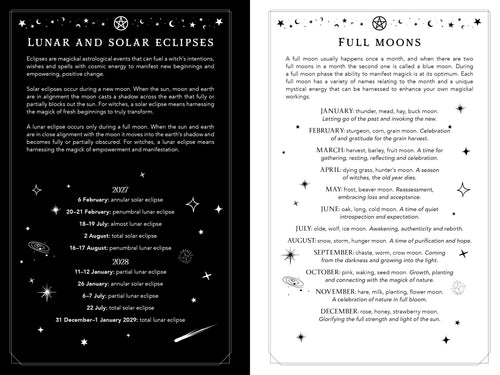 Two pages from a book or magazine about lunar and solar eclipses and full moons with text and star illustrations.