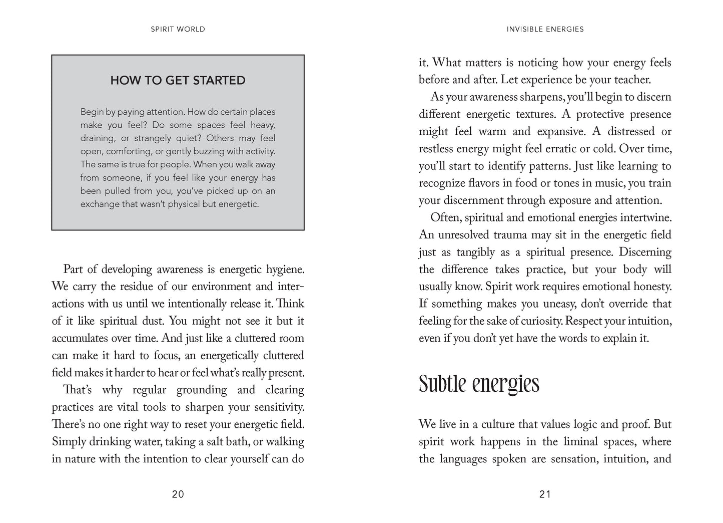 Two pages from a book on spirituality and energy, with text on how to get started and subtile energies.