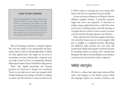 Two pages from a book on spirituality and energy, with text on how to get started and subtile energies.