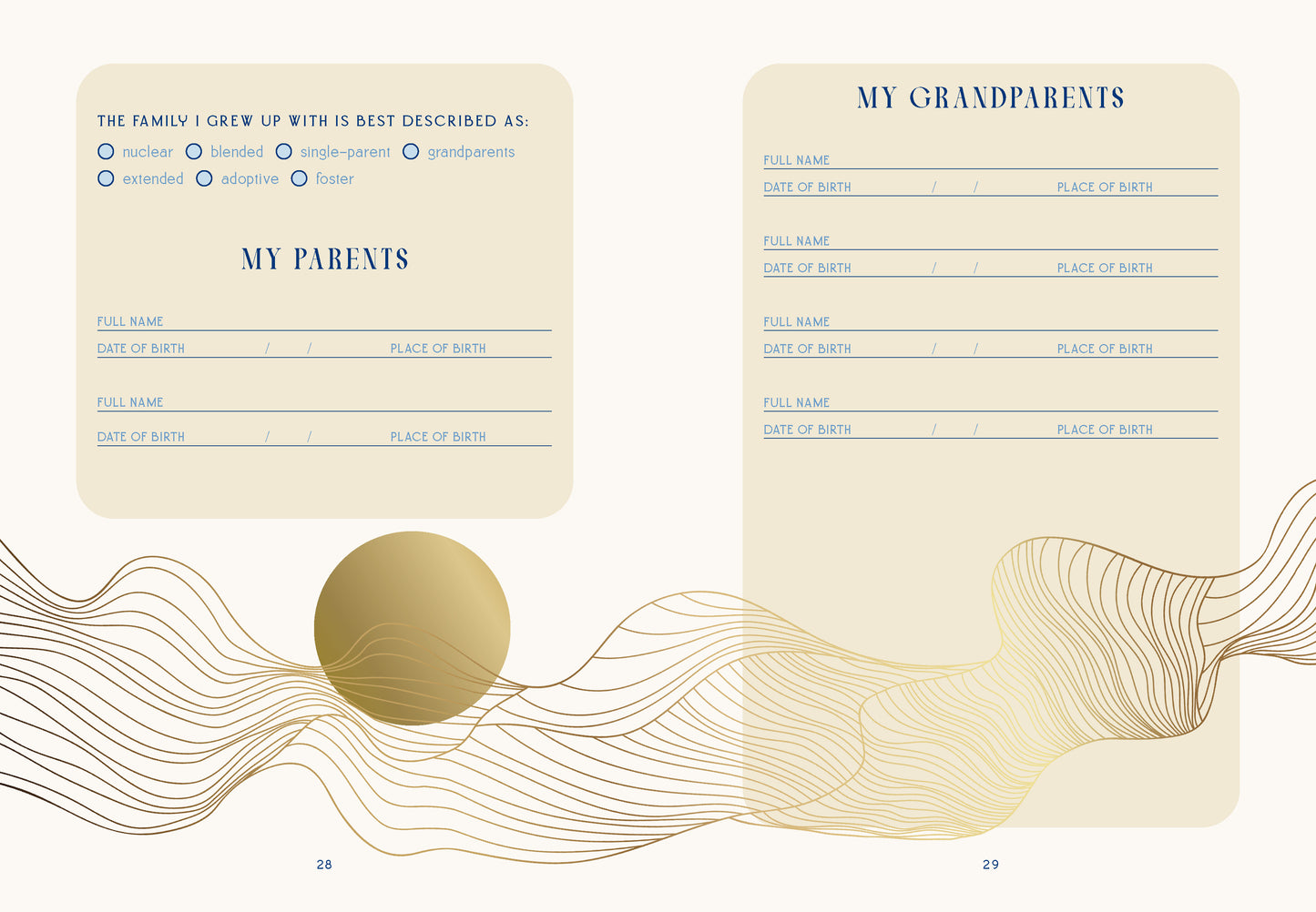 Two vintage-style forms titled 'My Parents' and 'My Grandparents' on a beige background with decorative elements.