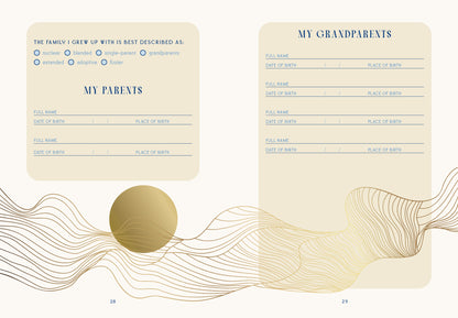 Two vintage-style forms titled 'My Parents' and 'My Grandparents' on a beige background with decorative elements.
