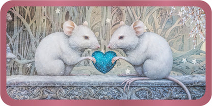 Two white mice holding a blue heart with a pink border