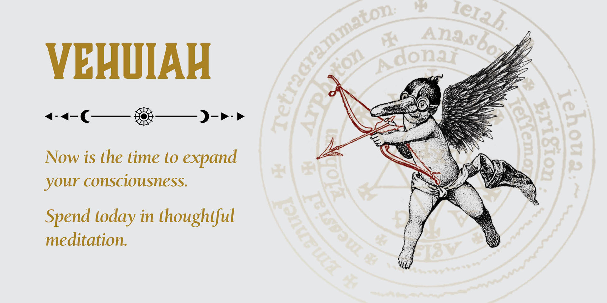 Decorative banner with an angel holding a bow, text, and circular design elements on a white background.