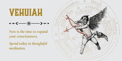 Decorative banner with an angel holding a bow, text, and circular design elements on a white background.