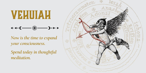 Decorative banner with an angel holding a bow, text, and circular design elements on a white background.