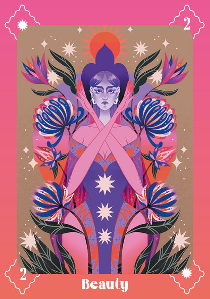 Card with a stylized figure surrounded by flowers and plants on a pink and orange background
