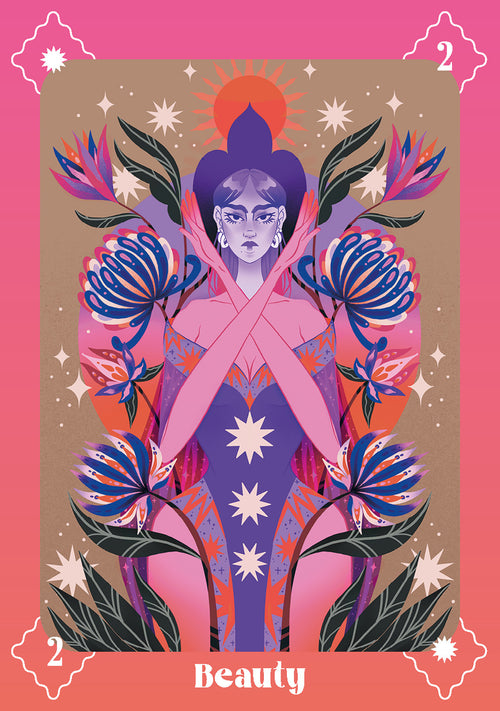 Card with a stylized figure surrounded by flowers and plants on a pink and orange background