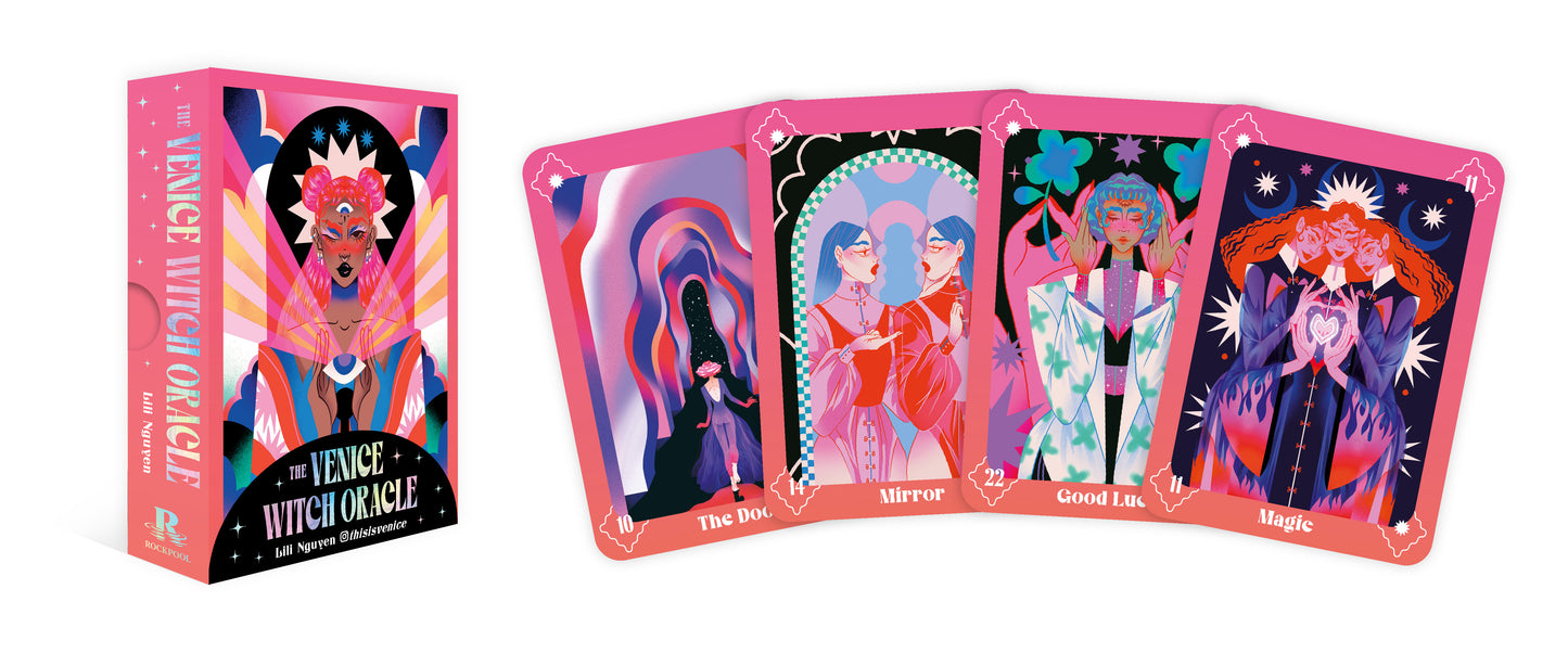 Venice Witch Oracle card set with colorful packaging and cards on a white background