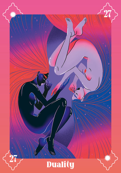 Illustration of a person in a black outfit and another in a white outfit with 'Duality' text on a pink and purple background.