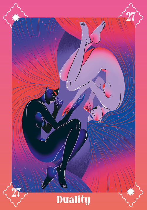 Illustration of a person in a black outfit and another in a white outfit with 'Duality' text on a pink and purple background.