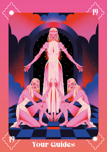Tarot card with a central figure and three kneeling figures on a pink and blue background