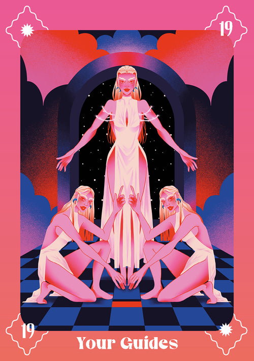 Tarot card with a central figure and three kneeling figures on a pink and blue background