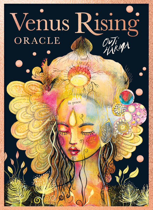 Venus Rising Oracle card cover with colorful illustration of a woman's face and text.