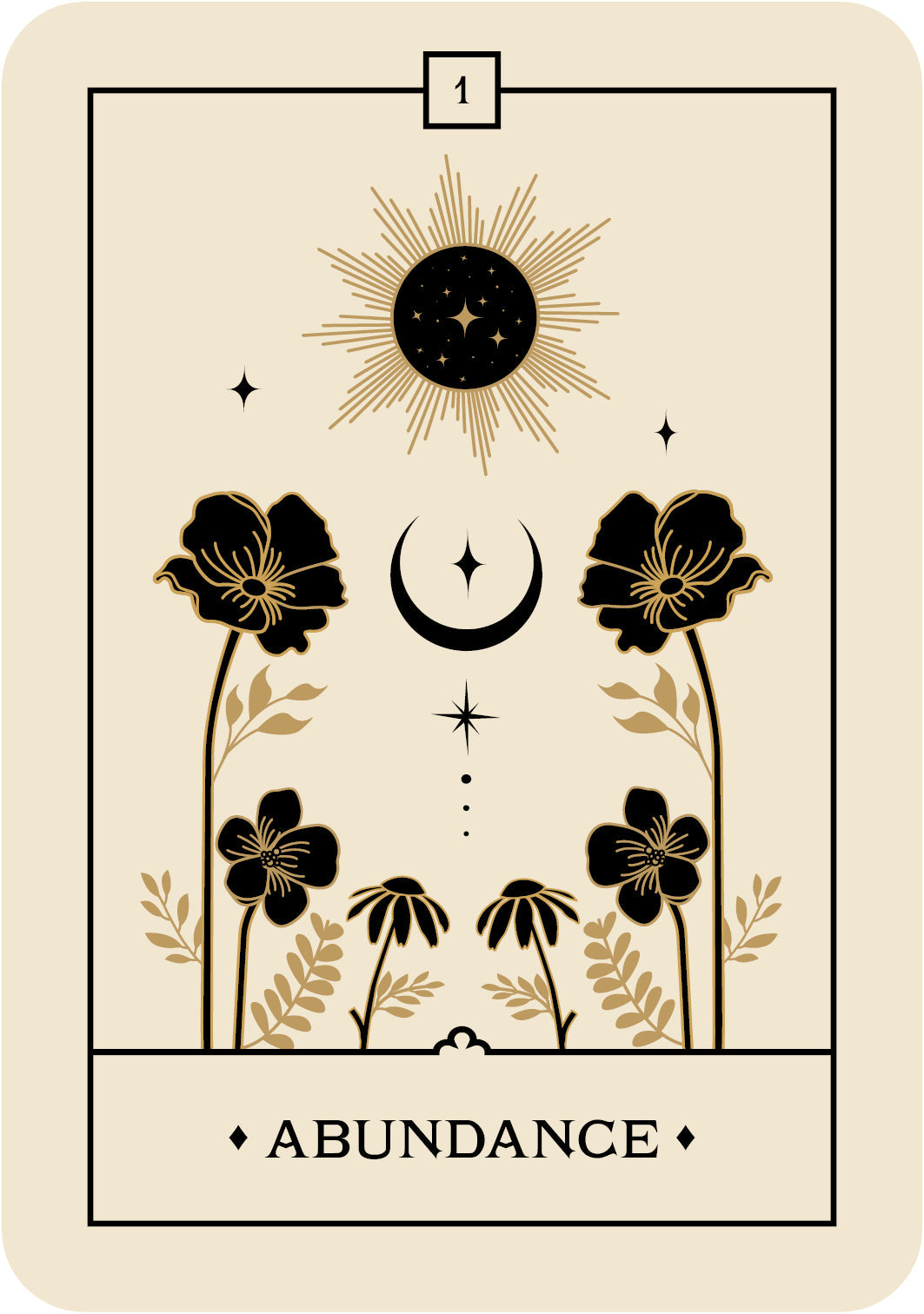 Tarot card with sun, moon, and flowers on a beige background