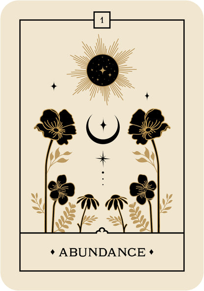Tarot card with sun, moon, and flowers on a beige background