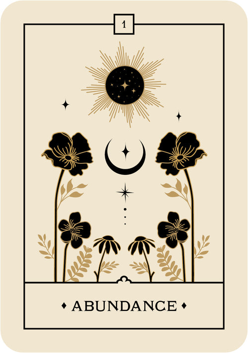 Tarot card with sun, moon, and flowers on a beige background