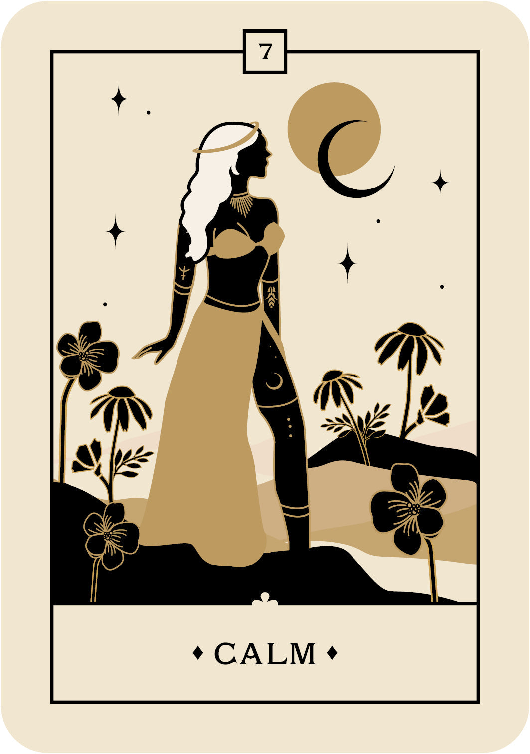 Tarot card with silhouette of a woman, flowers, and moon symbol on a beige background