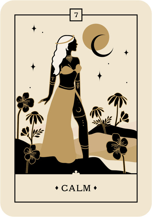 Tarot card with silhouette of a woman, flowers, and moon symbol on a beige background