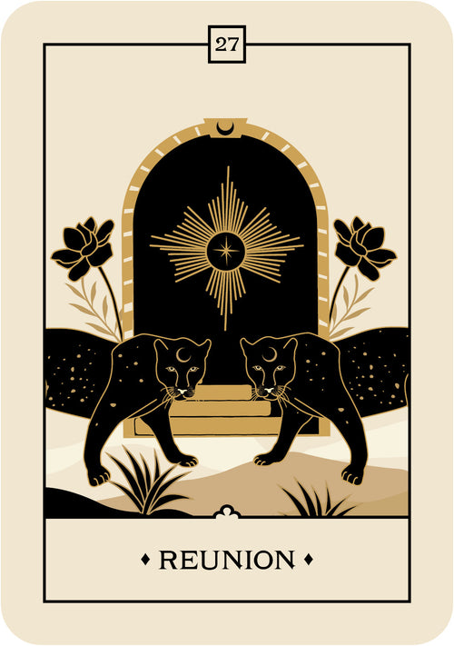 Tarot card with two panthers, a sun symbol, and the word 'Reunion' on a beige background.