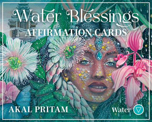 Card cover with a person surrounded by flowers and text 'Water Blessings Affirmation Cards' by Akal Pritam.