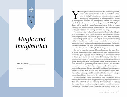 Book page with text on magic and imagination, featuring a blue sidebar.