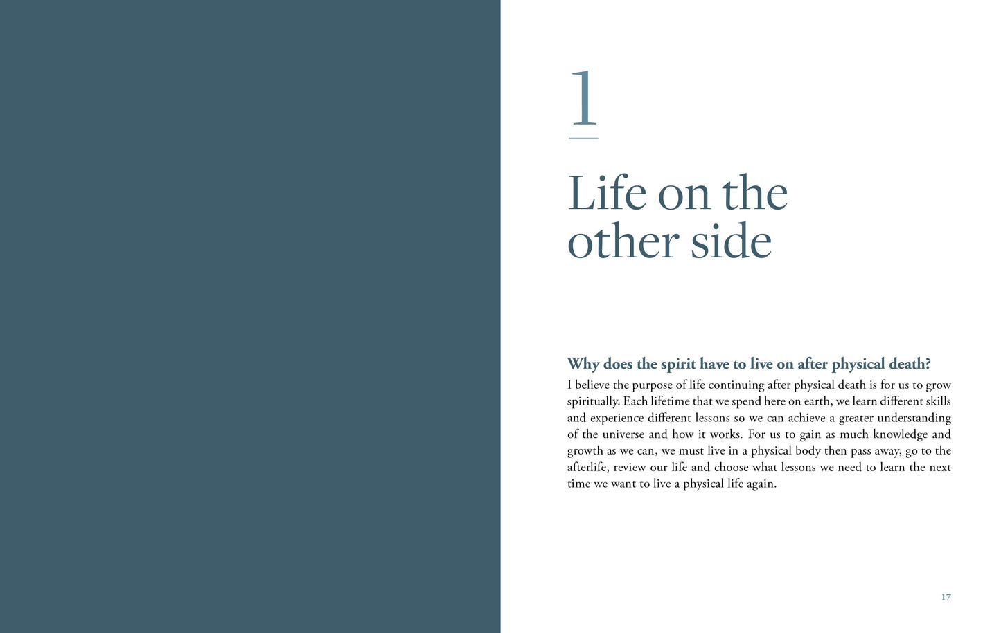 Book page with text about life after physical death on a white background