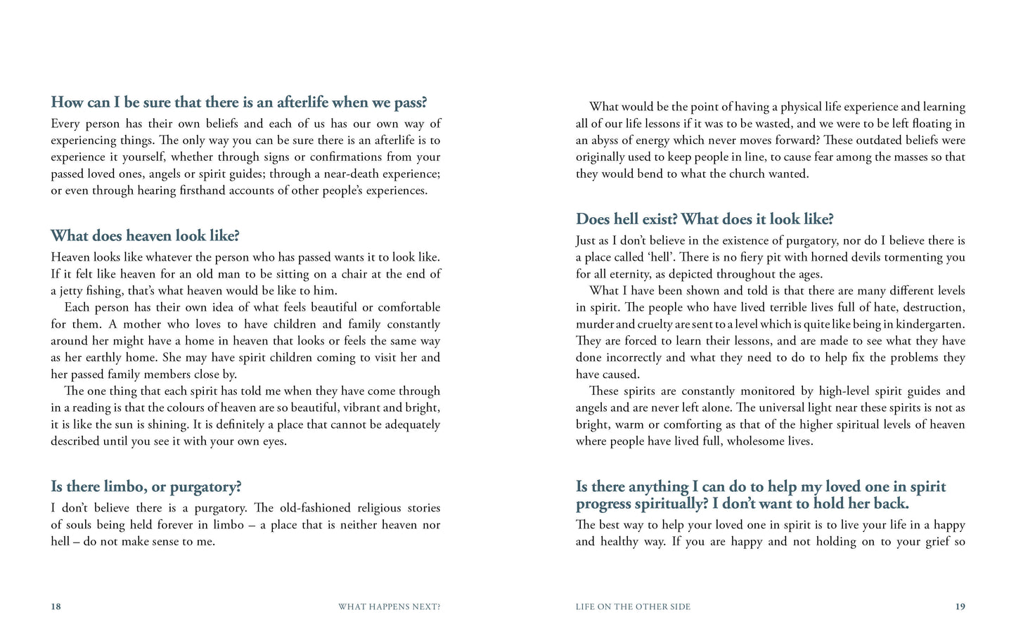 Book interior with text on afterlife, heaven, hell, and purgatory.
