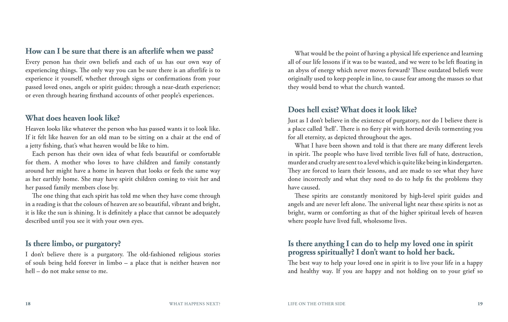 Book interior with text on afterlife, heaven, hell, and purgatory.