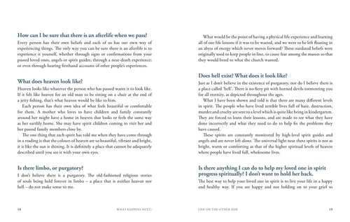 Book interior with text on afterlife, heaven, hell, and purgatory.