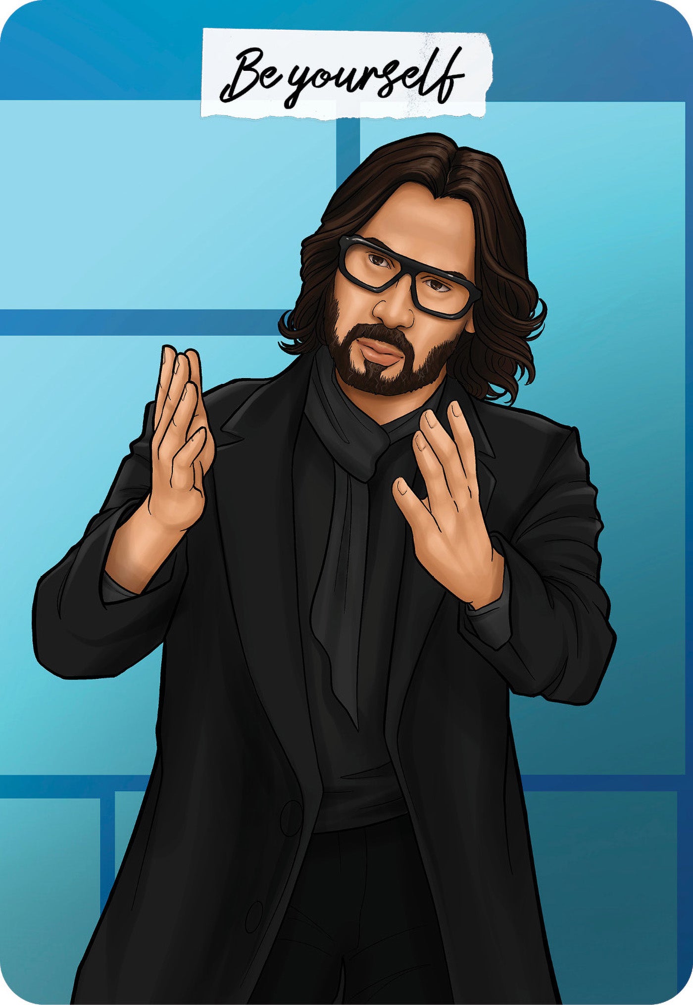 Illustration of a person in a black coat with text 'Be yourself' on a blue background