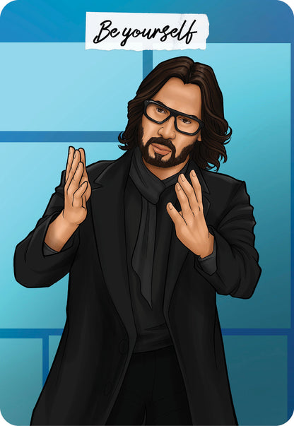 Illustration of a person in a black coat with text 'Be yourself' on a blue background