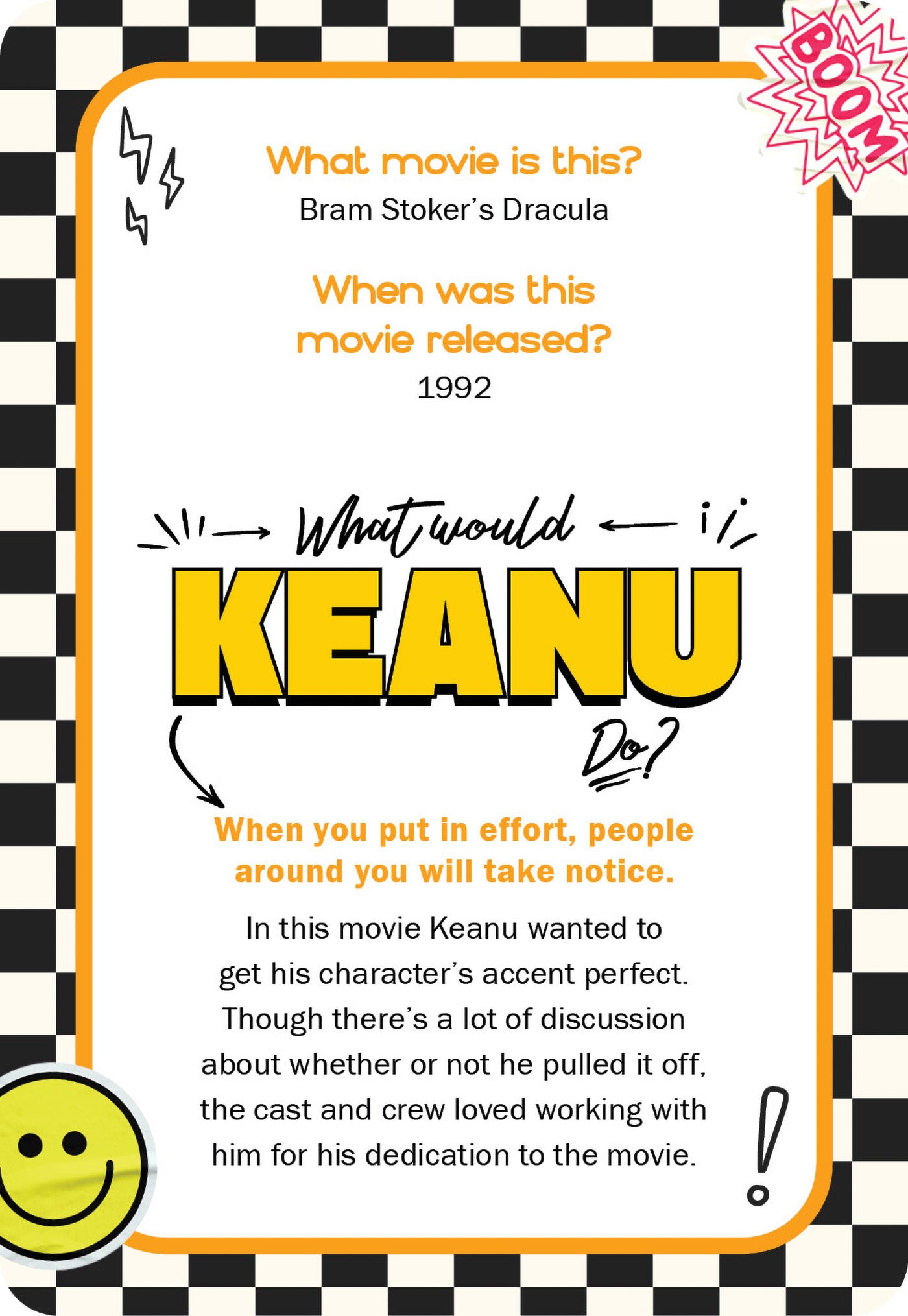 Trivia card about the movie 'Dracula' with text and a checkered border.