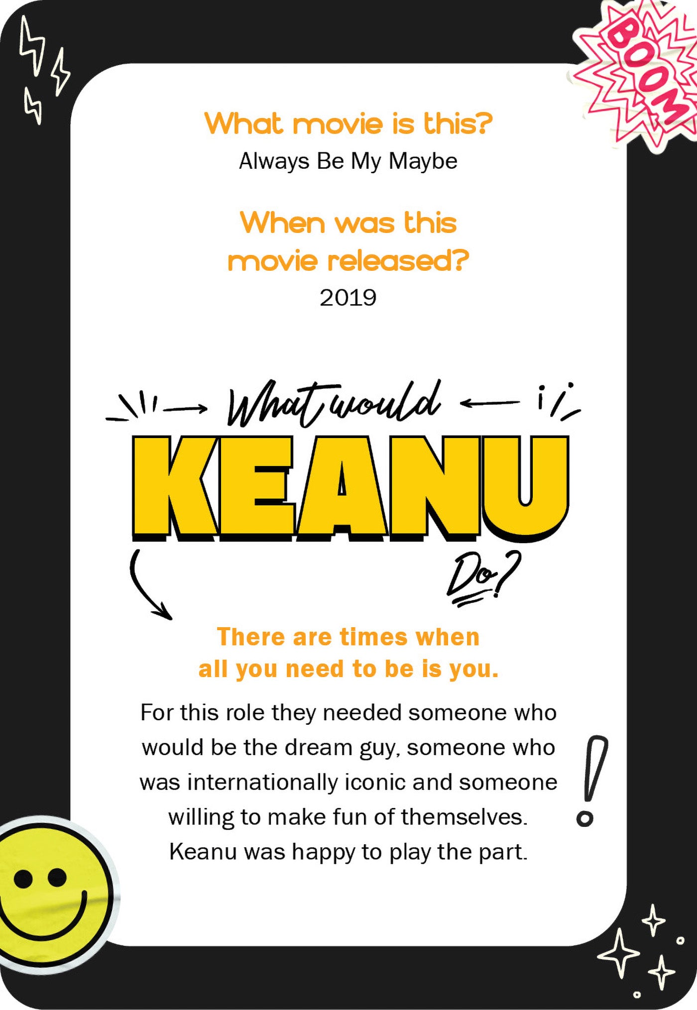 Card with text about a movie featuring Keanu Reeves, including questions and statements.