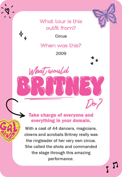 Pink card with text and graphics related to a 'What would Britney Do?' question about a circus outfit from 2009.