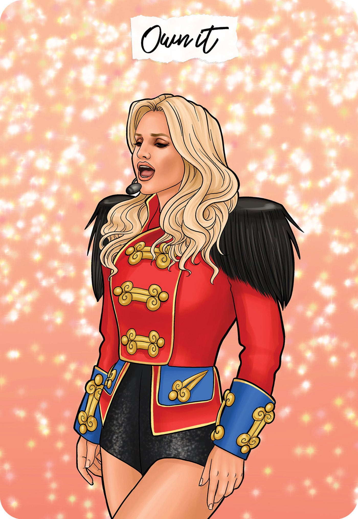 Illustration of a person wearing a red military-style jacket with gold buttons on a pink background.