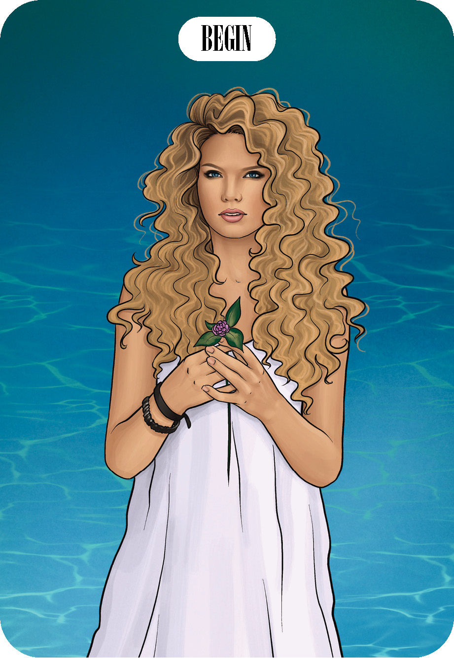 Illustration of a woman with long blonde hair holding a flower against a blue water background.