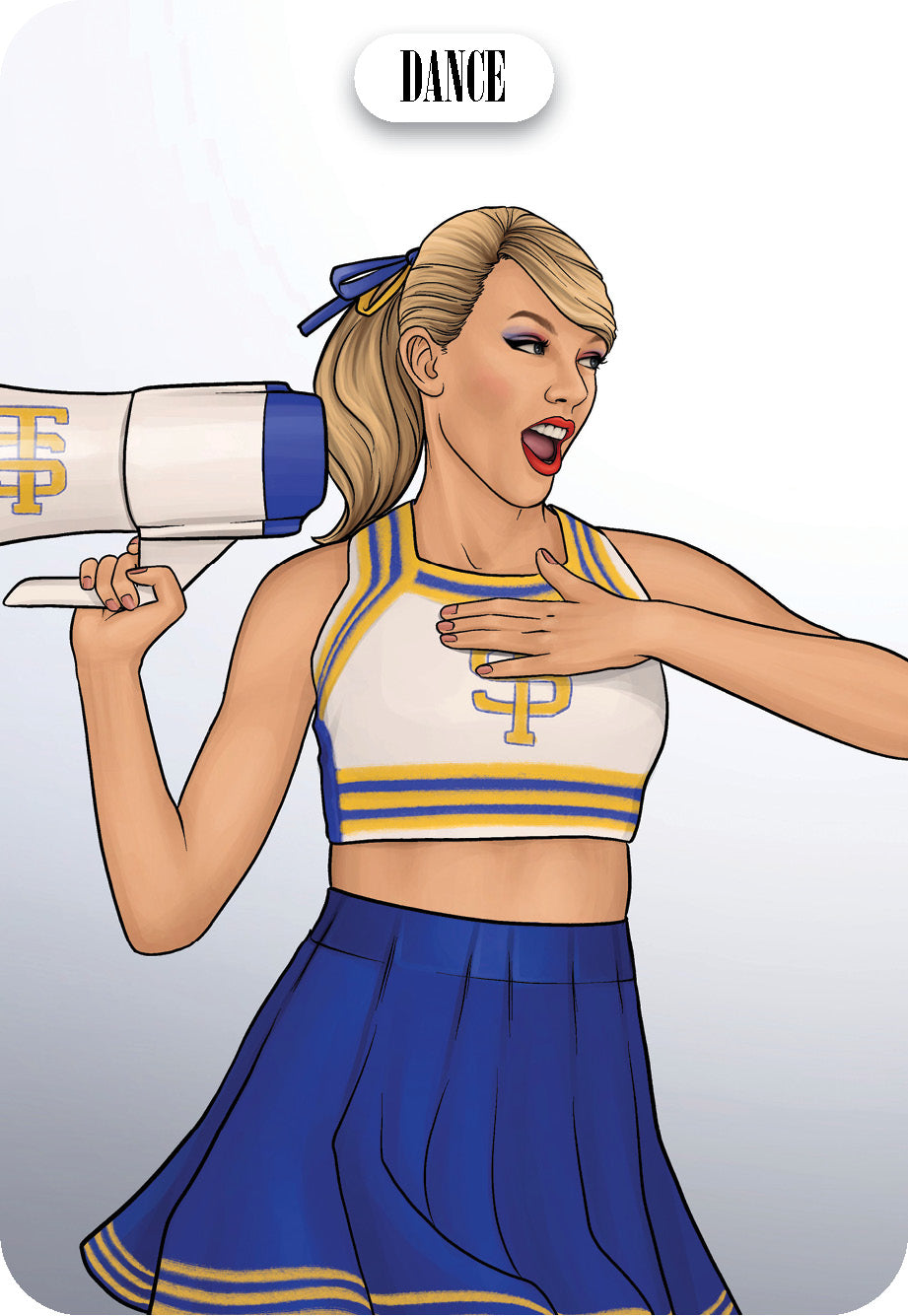 Cartoon character in a cheerleading outfit holding a megaphone with 'DANCE' text.