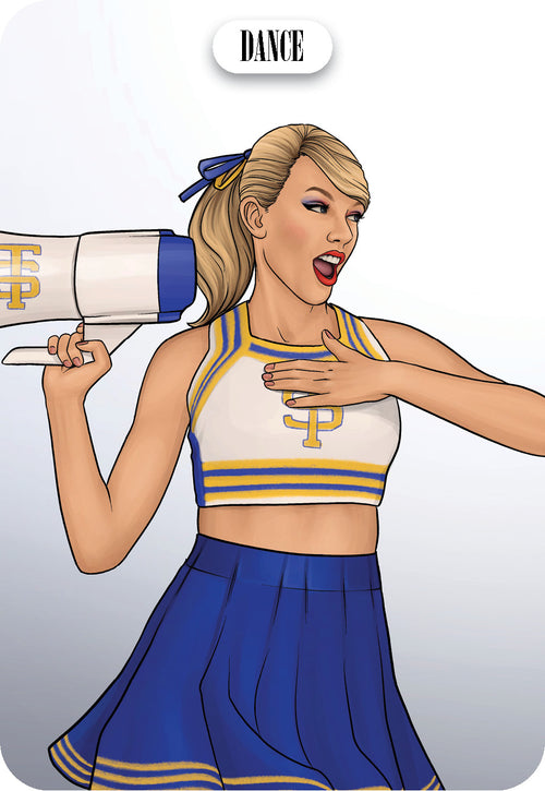 Cartoon character in a cheerleading outfit holding a megaphone with 'DANCE' text.