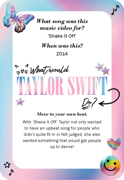 Card with text about Taylor Swift's 'Shake It Off' music video, featuring colorful graphics and a butterfly.