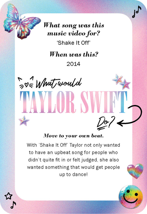 Card with text about Taylor Swift's 'Shake It Off' music video, featuring colorful graphics and a butterfly.