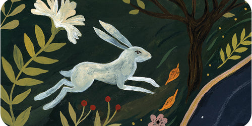 White rabbit among flowers and leaves on a dark green background