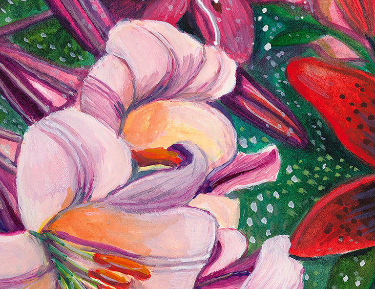 Colorful abstract painting of flowers with vibrant purple, red, and green colors.