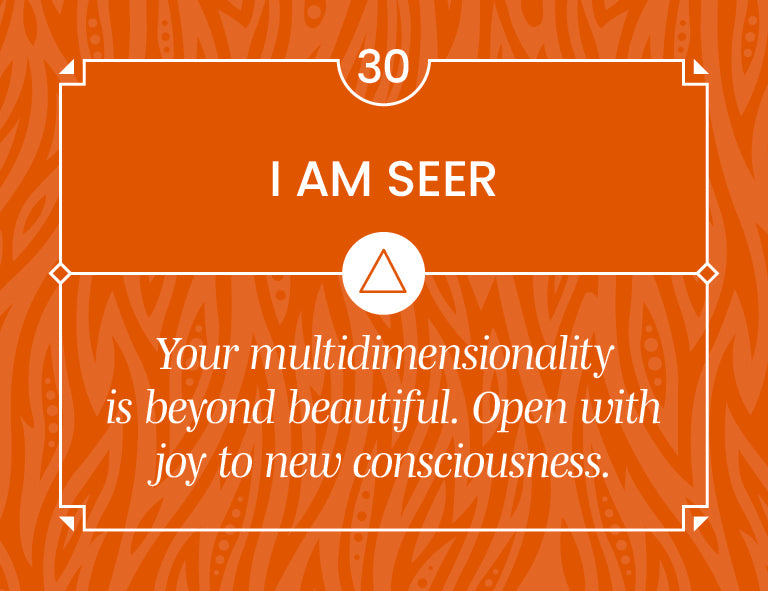 Orange background with text 'I AM SEER' and motivational quote on a patterned design.