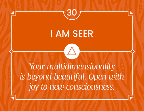 Orange background with text 'I AM SEER' and motivational quote on a patterned design.