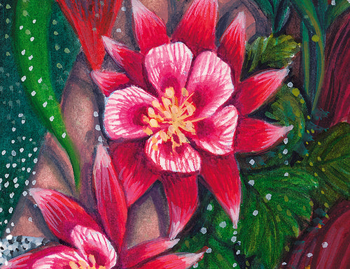 Close-up of a vibrant pink flower with green leaves on a textured background