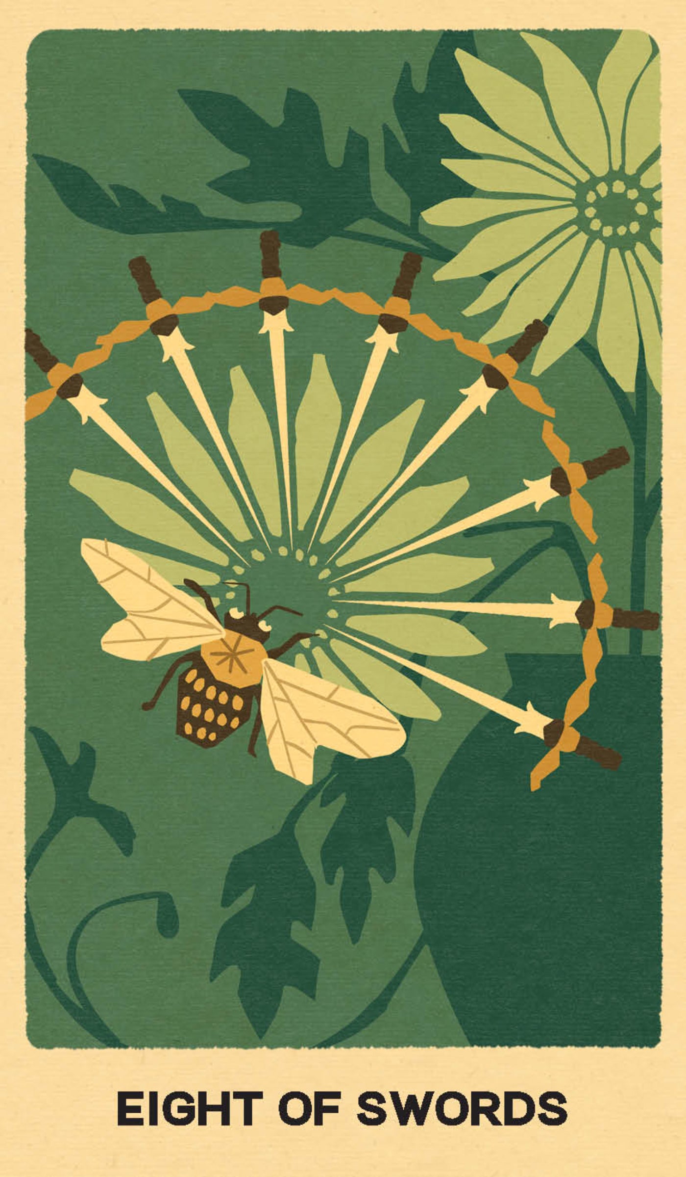 Card featuring a bee and a wheel with flowers on a green and beige background, labeled 'Eight of Swords'.