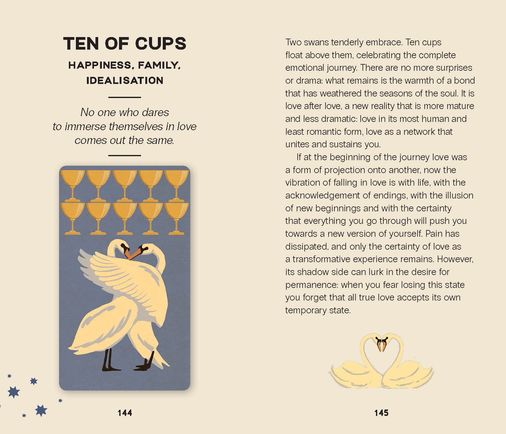 Card from a tarot deck titled 'Ten of Cups' with swans and text on a beige background