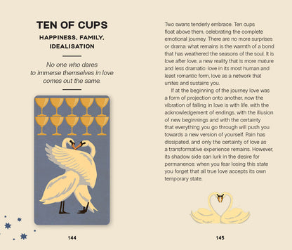 Card from a tarot deck titled 'Ten of Cups' with swans and text on a beige background