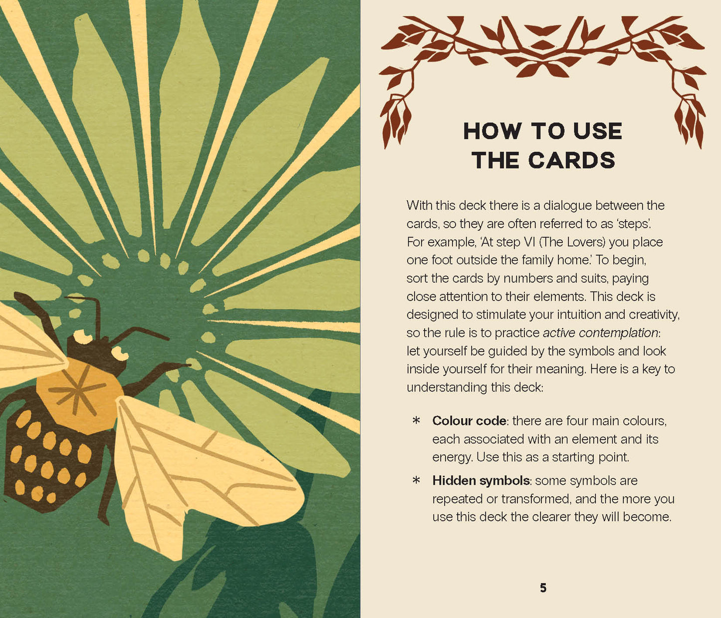 Card with a bee illustration and text on how to use the cards, featuring a green and beige color scheme.