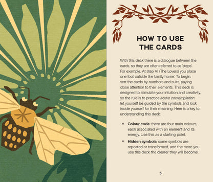 Card with a bee illustration and text on how to use the cards, featuring a green and beige color scheme.